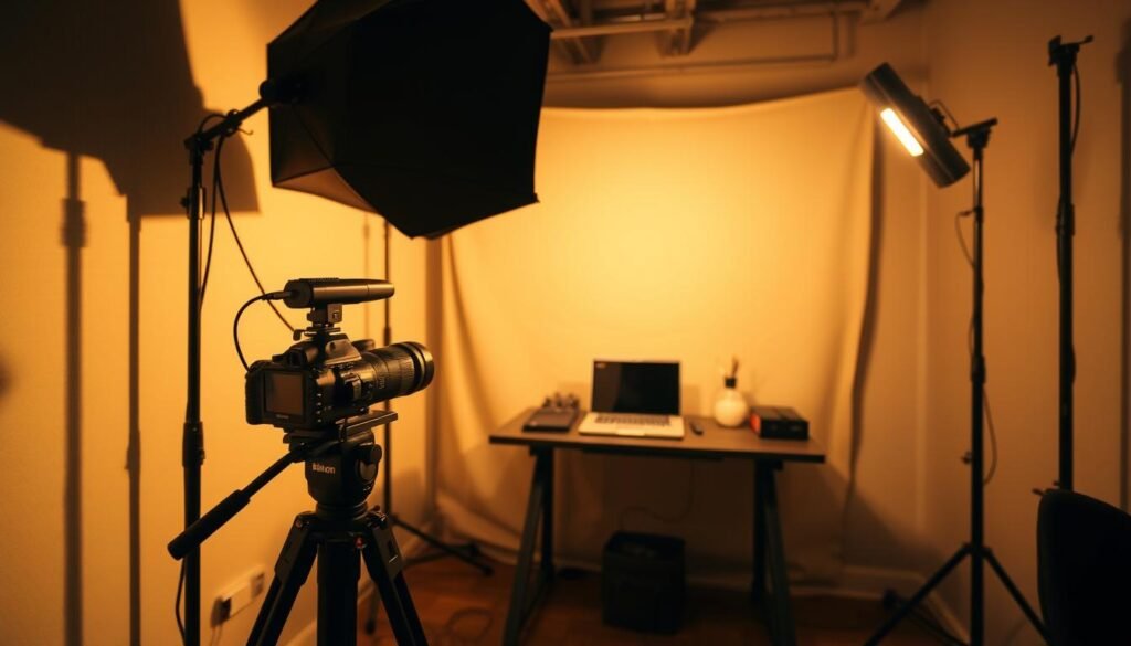 A cozy corner of a small production studio, bathed in warm, golden lighting from a large softbox overhead. In the foreground, a simple yet well-equipped video setup - a DSLR camera on a sturdy tripod, an external microphone, and a handful of basic lighting equipment. The middle ground features a compact work desk with a laptop, a notebook, and a few well-organized tools and accessories. In the background, a simple backdrop of plain fabric or paper creates a clean, distraction-free environment. The overall atmosphere is one of efficiency, focus, and creative potential, reflecting the "Produksi Hemat Biaya" theme.
