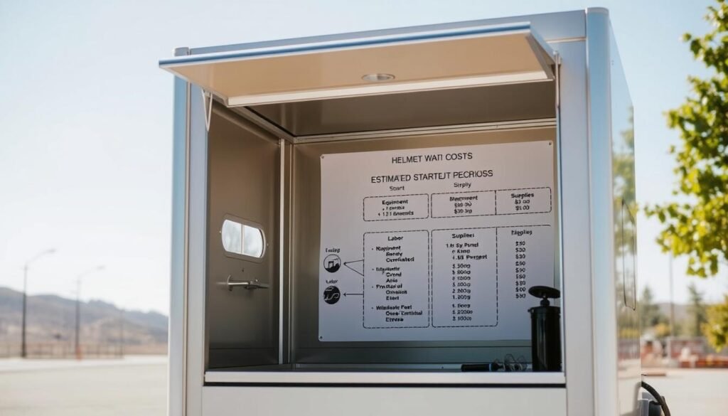 A small, portable wash booth stands in a bright, sun-lit outdoor setting. The booth is made of sleek, modern materials in neutral tones, with a compact design that can be easily transported. Inside, a detailed schematic diagram outlines the estimated startup costs and operational expenses for a mobile helmet washing business, including equipment, supplies, and labor. The scene conveys a sense of organization, practicality, and a focus on the financial planning necessary to launch this type of service-oriented venture.