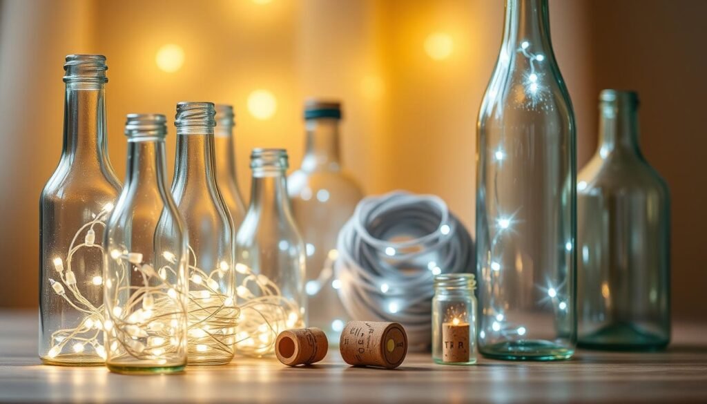 A still life scene showcasing the key materials for crafting LED string lights from recycled glass bottles. In the foreground, an assortment of clear glass bottles in various shapes and sizes, some with LED light strips carefully tucked inside. In the middle ground, a spool of fairy light string and a small, decorative cork with an embedded LED light. The background is softly blurred, allowing the materials to take center stage. Warm, golden lighting illuminates the scene, casting a cozy, inviting glow. The overall mood is one of creativity, sustainability, and the joy of repurposing everyday items into unique home decor.