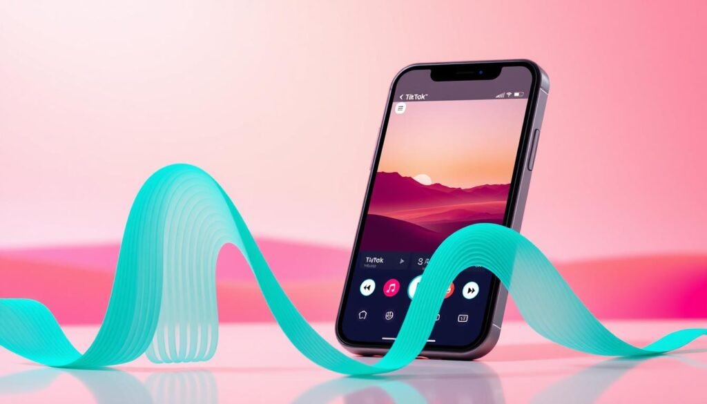 A vibrant, upbeat musical composition against a backdrop of a stylized mobile device display, showcasing the TikTok user interface. The foreground features a teal-colored waveform representing the audio track, with dynamic, undulating lines pulsating in sync with the rhythm. The middle ground depicts a sleek, modern smartphone angled slightly to the left, its screen displaying a TikTok video player interface in shades of blue and white. The background is a soft, gradient-based landscape in hues of pink and orange, evoking a sense of optimism and creativity. Balanced lighting casts a warm, inviting glow over the entire scene, conveying the excitement and energy of achieving viral success on the platform.