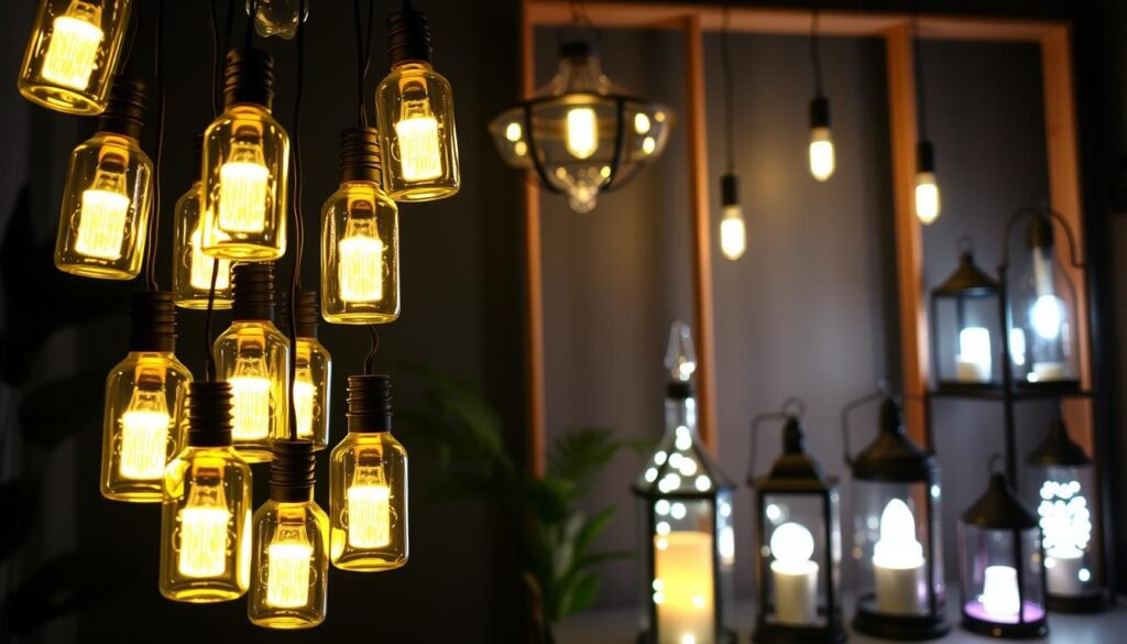 A well-lit, beautifully crafted DIY LED light display, showcasing a variety of warm and ambient lighting effects. In the foreground, a cascading arrangement of repurposed glass bottles, each housing a soft, glowing LED bulb, creating a captivating and visually striking centerpiece. The middle ground features a mix of hanging pendant lights and table-top lanterns, all illuminated with a gentle, diffused glow. The background is filled with a minimalist, yet elegant, wooden or metal frame, lending an industrial-chic aesthetic to the scene. The overall mood is one of cozy, inviting ambiance, perfectly suited for a stylish home decor setting.