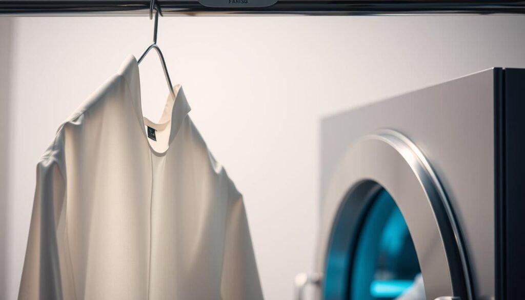 A well-lit, close-up view of a dry cleaning operation. In the foreground, a garment hangs delicately from a metal hanger, the fabric crisp and free of wrinkles. In the middle ground, a professional-grade dry cleaning machine sits, its polished metal exterior gleaming under the soft, diffused lighting. The background is hazy, suggesting a clean, pristine workspace dedicated to the careful, environmentally-friendly dry cleaning process. The overall atmosphere is one of efficiency, attention to detail, and a commitment to preserving the quality and longevity of delicate fabrics.