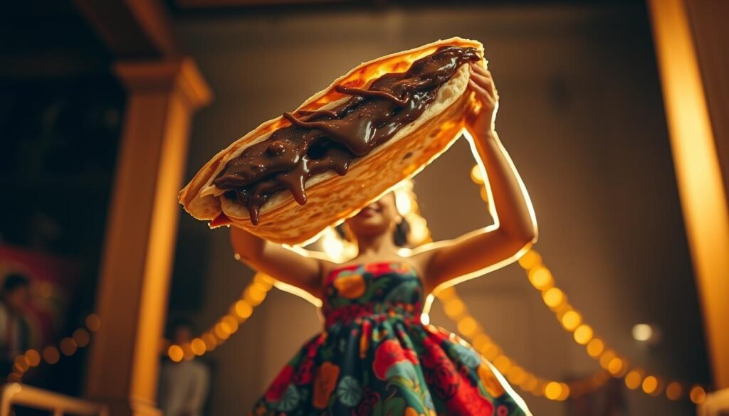 Roti bakar with gooey, melted chocolate and caramel toppings, held aloft by a confident figure in a vibrant dress, grooving to an unheard beat. The warm, golden lighting casts a inviting glow, drawing the eye to the delectable treat and the joyful, dance-like motion of the subject. Captured in a dynamic, low-angle perspective that emphasizes the energy and allure of this delectable "dancing queen" dessert, ready to captivate taste buds and social media feeds alike.