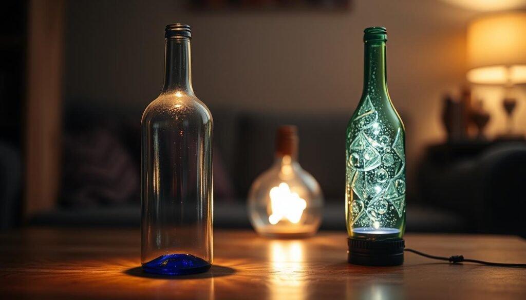 A beautifully crafted glass bottle, its surface glistening with a soft, warm light. The bottle stands in the foreground, casting a gentle glow on the wooden surface beneath it. In the middle ground, another bottle, this one transformed into a whimsical lamp, its shape and texture echoing the original glass form. The background is hazy, a cozy, inviting space that suggests a cozy home environment. The lighting is muted, creating a sense of intimacy and wonder, as if the viewer is witnessing a magical transformation of ordinary objects into extraordinary works of art.