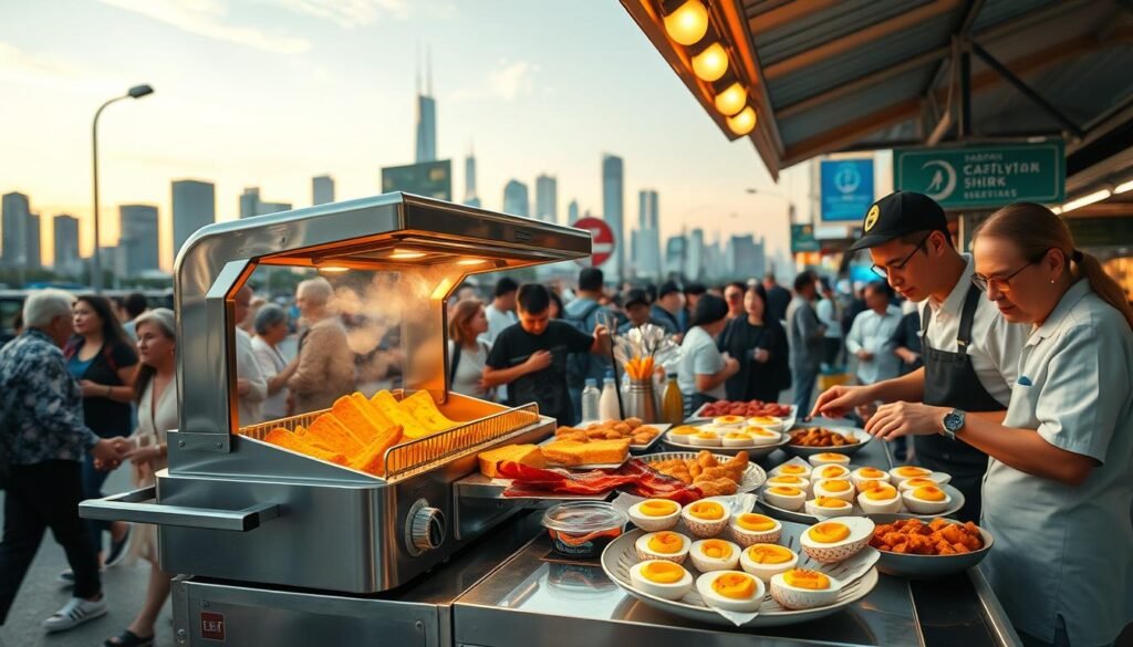 A bustling street scene at dawn, with a vibrant food cart offering a tantalizing array of "sarapan gerobak air fryer" delights. In the foreground, a gleaming metal air fryer sizzles with perfectly golden-brown french toast sticks and crispy bacon, their aroma wafting through the air. The cart's owner, a skilled chef, carefully arranges deviled eggs and other savory bites, creating a visually striking display. The middle ground features a diverse crowd of early risers, from hurried commuters to leisurely diners, all drawn to the cart's irresistible offerings. In the background, the bustling city skyline sets the scene, with warm hues of the rising sun casting a cozy glow over the entire composition.