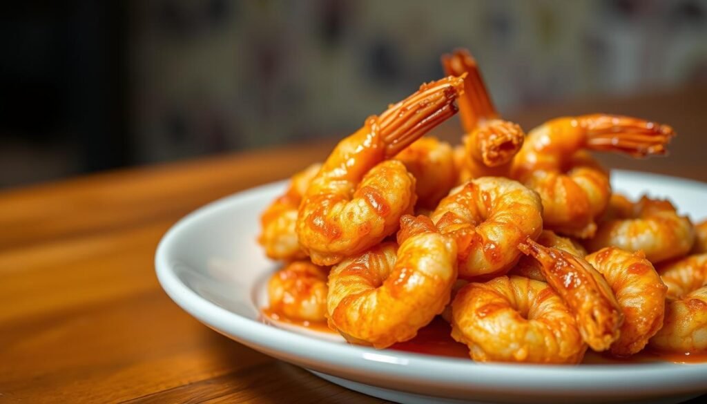 A closeup shot of a plate of crispy, golden-brown "bang bang shrimp" air fried to perfection. The shrimp are coated in a delectable, slightly spicy sauce that glistens under the warm lighting. The plate is set against a blurred backdrop, drawing the viewer's focus solely to the mouthwatering dish. The lighting is soft and natural, creating a cozy, inviting atmosphere. The camera angle is slightly elevated, giving a generous view of the shrimp's crispy, textured exterior. The overall composition is balanced and visually appealing, showcasing the dish in a way that makes it look irresistibly snackable.