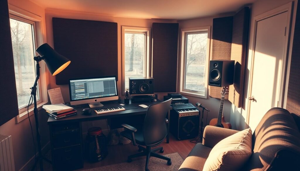 A cozy and well-equipped home music studio, with a comfortable, ergonomic desk setup featuring a high-quality digital audio workstation, a professional microphone, and a pair of studio-grade speakers. The room is bathed in soft, warm lighting, creating a inviting and productive atmosphere. The desk is neatly organized, with sheet music, instruments, and other musical accessories within easy reach. The walls are adorned with sound-dampening panels, and large windows provide natural light and a connection to the outdoors. Overall, the space exudes a harmonious blend of functionality and aesthetic appeal, inspiring creativity and focus.