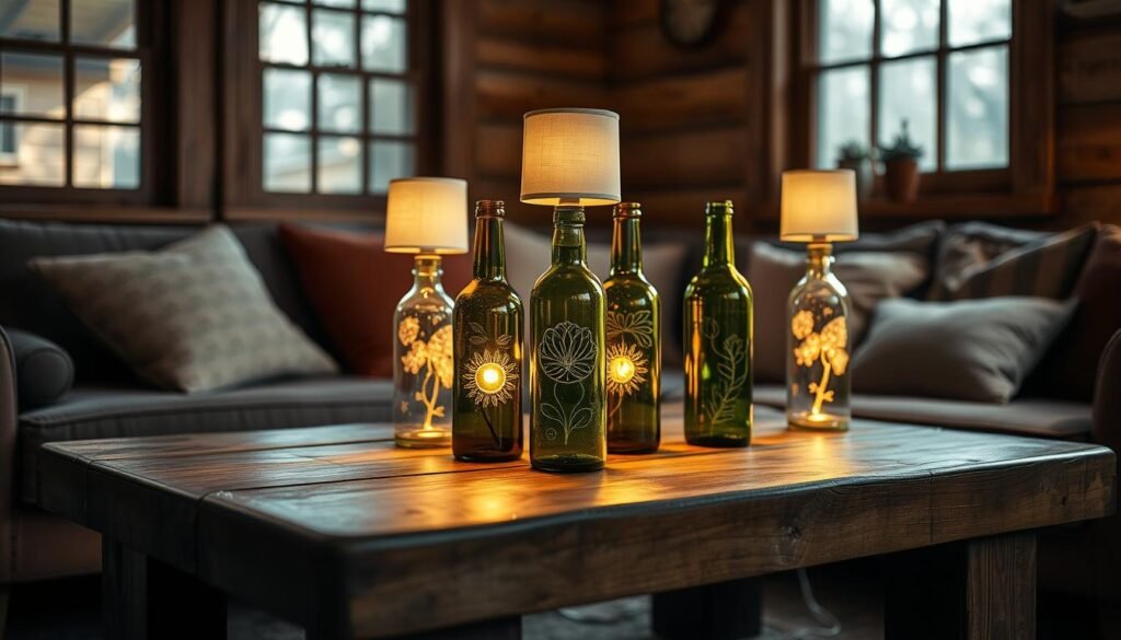A cozy living room with a rustic wooden table at the center, upon which sit several upcycled glass bottle lamps. The lamps are strategically placed to provide warm, ambient lighting, casting a gentle glow across the room. The bottles have been carefully transformed, with intricate designs etched into the glass, creating a unique and charming aesthetic. Soft, diffused light filters through the windows, complementing the natural wood tones and creating an inviting, homely atmosphere. The overall composition emphasizes the thoughtful placement and presentation of the repurposed bottle lamps, highlighting their role as both decorative and functional elements within the space.