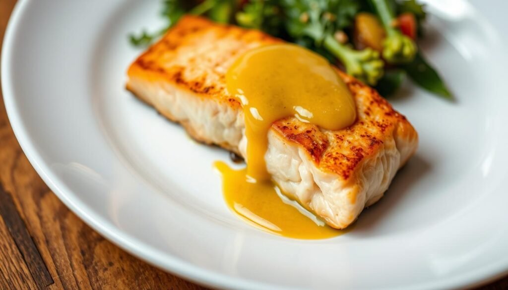 A delectable salmon fillet, its skin beautifully seared to a golden crisp, rests atop a pristine white plate. The tender, flaky flesh glistens under the warm, soft lighting, beckoning to be savored. A tantalizing sweet mustard sauce adorns the salmon, its vibrant hue and tangy notes complementing the fish's natural sweetness. The plate is elegantly styled, with a minimalist design that allows the starring ingredient to shine. The overall scene exudes an air of premium, high-quality dining, perfect for a crowd seeking a quick, yet sophisticated meal.