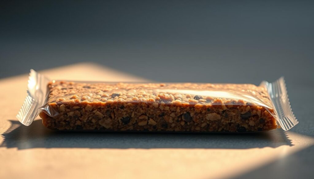 A high-quality protein bar with a clear plastic wrapper, showcasing the dense, nutrient-rich interior. The bar is positioned on a sleek, minimalist background, allowing the product details to take center stage. Warm, natural lighting gently illuminates the bar, highlighting its intricate texture and composition. The camera angle is slightly elevated, providing an appetizing, three-dimensional perspective. The overall mood is one of health, fitness, and clean nutrition, perfectly complementing the article's subject and section title.