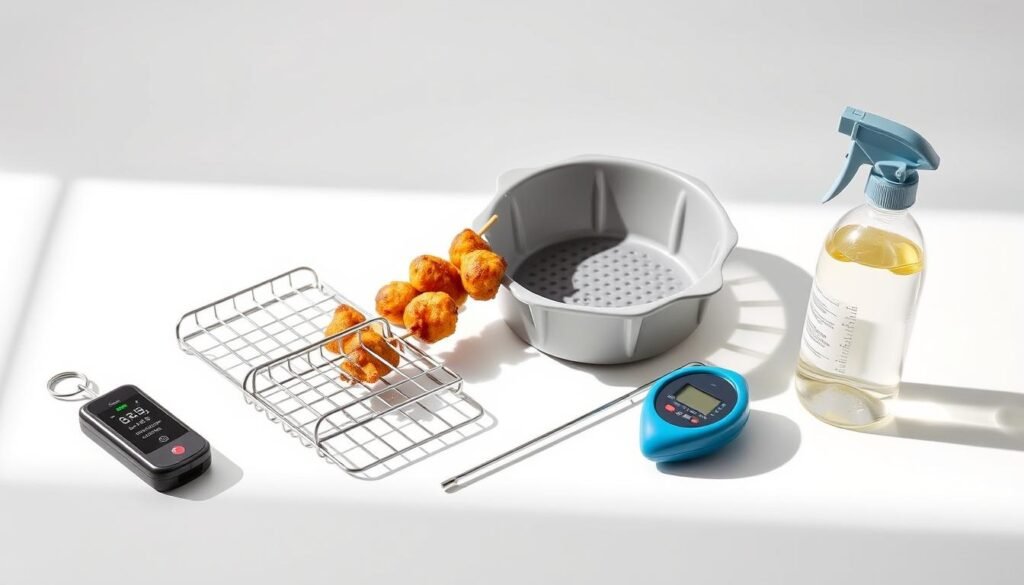 A high-quality still life photograph of an assortment of air fryer accessories, including a stainless steel skewer rack, a silicone liner, a digital food thermometer, and an oil spritz bottle. The items are arranged on a clean, white background with soft, even lighting from the side, creating shadows that add depth and dimension. The composition is balanced and visually appealing, showcasing the sleek, modern design of the accessories. The image conveys a sense of functionality and practicality, highlighting the essential tools for preparing delicious air-fried meals.