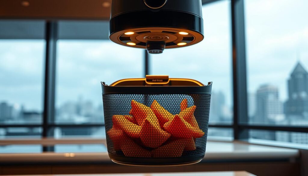 A modern air fryer with a sleek, black basket suspended above a minimalist kitchen counter. Warm, golden light from overhead illuminates the basket's perforated surface, hinting at the delightful crispness within. The appliance's compact, plug-in design suggests effortless, 3-minute meal preparation - perfect for busy lifestyles. In the background, a blurred cityscape hints at the fast-paced, on-the-go nature of the snack's consumption, likely by young, urban trendsetters. An atmosphere of efficient convenience and modern culinary appeal pervades the scene.