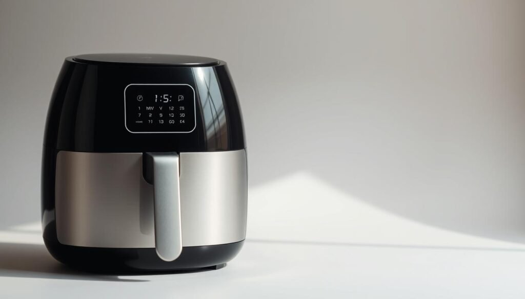 A modern, high-quality air fryer set against a clean, minimalist backdrop, showcasing its digital temperature and timer display in a bright, evenly-lit environment. The air fryer is positioned at a slight angle, highlighting its sleek, stylish design. The lighting is soft and natural, casting a warm glow on the appliance. The background is a simple, uncluttered gray or white, allowing the air fryer to be the focal point. The overall image conveys a sense of efficiency, ease of use, and the ability to quickly prepare delicious, perfectly cooked meals.