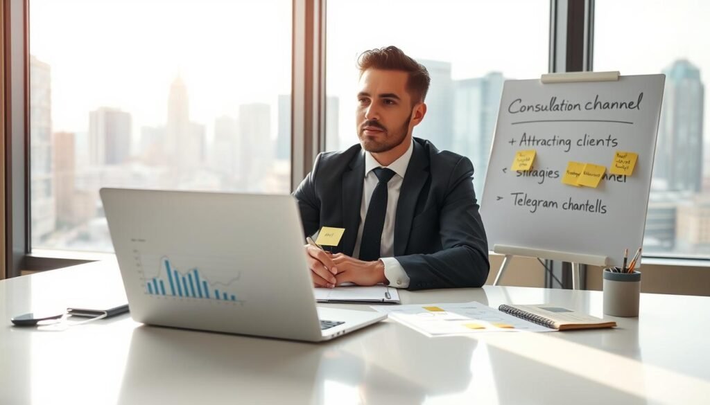 A professional consultant, dressed in business attire, is sitting at a sleek desk in a modern office environment. The foreground features a laptop displaying graphs and analytics related to a consultation channel. In the middle, there are sticky notes and a whiteboard with brainstorming ideas on strategies to attract clients for a Telegram channel. The background includes a large window with a city skyline view, symbolizing growth and opportunity. Soft, natural lighting streams in, creating a bright and inviting atmosphere. The angle is a slightly elevated perspective that captures the consultant's focused expression as they strategize, reflecting determination and professionalism. The overall mood is inspiring and motivating, emphasizing the importance of innovative strategies in the consulting business. A professional consultant, dressed in business attire, is sitting at a sleek desk in a modern office environment. The foreground features a laptop displaying graphs and analytics related to a consultation channel. In the middle, there are sticky notes and a whiteboard with brainstorming ideas on strategies to attract clients for a Telegram channel. The background includes a large window with a city skyline view, symbolizing growth and opportunity. Soft, natural lighting streams in, creating a bright and inviting atmosphere. The angle is a slightly elevated perspective that captures the consultant's focused expression as they strategize, reflecting determination and professionalism. The overall mood is inspiring and motivating, emphasizing the importance of innovative strategies in the consulting business.