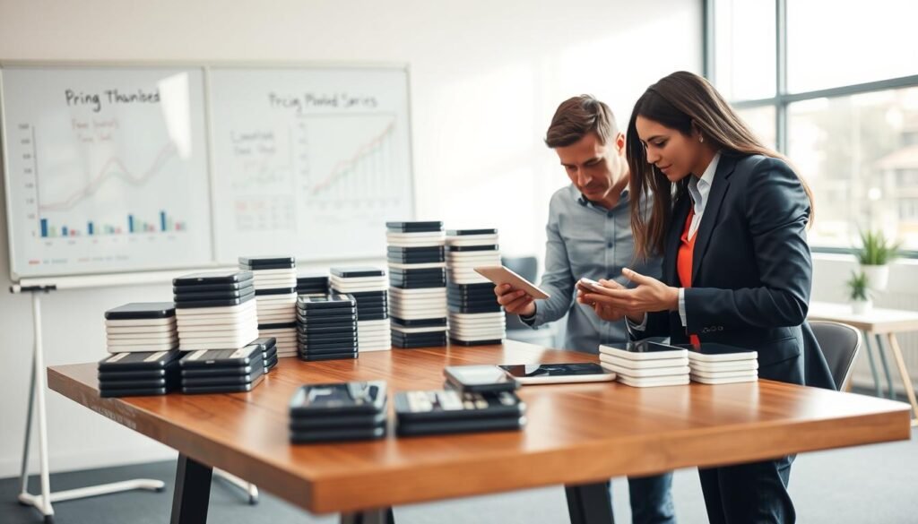 A professional setting showcasing an expert team evaluating refurbished iPhones. In the foreground, a diverse group of three individuals in business attire examining an iPhone on a sleek wooden table, with one person using a digital tablet to analyze pricing strategies. In the middle, stacks of refurbished iPhones neatly arranged on shelves, highlighted under soft, even lighting that creates a warm and inviting atmosphere. The background features a whiteboard with charts and graphs detailing pricing strategies for refurbished devices, softly blurred to maintain focus on the foreground team. Capture the mood of collaboration and professionalism, with a bright and airy office environment and natural light streaming through large windows.