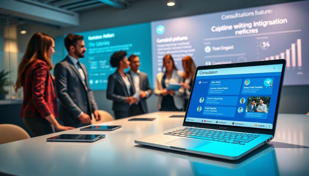 A vibrant digital workspace showcasing a "consultation platform" theme, prominently featuring a sleek laptop with an open Telegram interface on the screen, displaying various consultation features. In the foreground, a diverse group of professionals dressed in smart business attire is engaged in an animated discussion. The middle ground includes elements like a modern conference table with tablets and notepads scattered about, symbolizing collaboration. The background features a large digital display showcasing statistics and insights about user engagement, with subtle ambient lighting creating a warm, inviting atmosphere. Soft shadows add depth, and the overall mood conveys a sense of productivity and innovation in a contemporary business setting. A vibrant digital workspace showcasing a "consultation platform" theme, prominently featuring a sleek laptop with an open Telegram interface on the screen, displaying various consultation features. In the foreground, a diverse group of professionals dressed in smart business attire is engaged in an animated discussion. The middle ground includes elements like a modern conference table with tablets and notepads scattered about, symbolizing collaboration. The background features a large digital display showcasing statistics and insights about user engagement, with subtle ambient lighting creating a warm, inviting atmosphere. Soft shadows add depth, and the overall mood conveys a sense of productivity and innovation in a contemporary business setting.