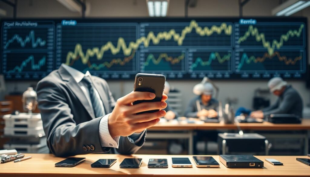 A visually engaging scene depicting the economic impact on the refurbished iPhone business. In the foreground, a professional businessperson dressed in smart attire examines a refurbished iPhone, highlighting its features and quality. The middle ground shows a bustling repair workshop with technicians working on various devices, surrounded by tools and components. In the background, a display board showcasing fluctuating economic graphs symbolizes the national economy's influence on business trends. Soft, natural lighting illuminates the workspace, creating a productive yet inviting atmosphere. The composition is captured from a slightly elevated angle, emphasizing the workshop's activity and the careful assessment of the refurbished products.