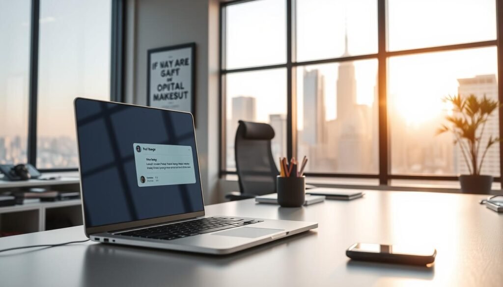 A well-lit, modern office interior with a clean, minimalist aesthetic. In the foreground, a laptop displaying a social media messaging app, with the cursor hovering over the "Direct Message" button. On the desk, a smartphone and a neatly organized array of office supplies. The middle ground features a stylish office chair and a framed inspirational quote on the wall. The background depicts large windows overlooking a bustling city skyline, bathed in warm, golden-hour sunlight. The overall mood is professional, productive, and focused on digital marketing strategies.