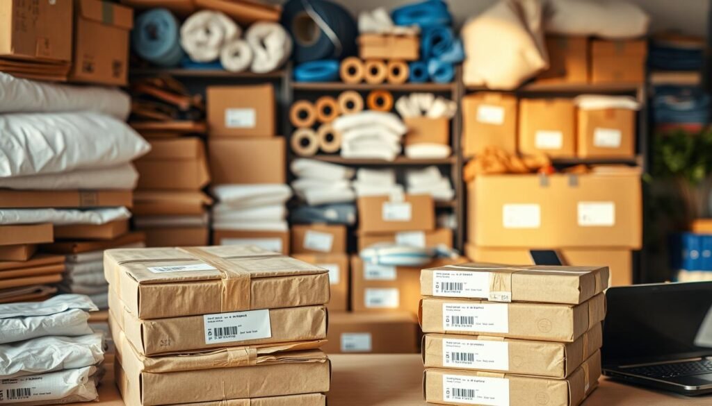 A well-organized, neatly arranged display of various packing materials and supplies, including cardboard boxes, bubble wrap, packing tape, and protective cushioning. The scene is illuminated by warm, natural lighting, creating a cozy, inviting atmosphere. In the foreground, a stack of carefully labeled packages ready for shipment, showcasing the attention to detail and organization required for a successful jastip business. The middle ground features a laptop, smartphone, and other digital tools, hinting at the technological aspects of managing a modern jastip operation. The background gently blurs, keeping the focus on the practical elements of the jastip packing process.