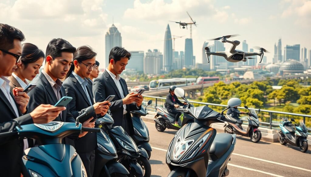 A futuristic scene depicting the evolution of online transportation in Indonesia. In the foreground, a diverse group of drivers in professional attire, including men and women of various ethnicities, are interacting with advanced ride-hailing apps on their smartphones. The middle ground features a dynamic array of modern vehicles, such as electric scooters, smart cars, and aerial drones, all designed with sleek, aerodynamic shapes. In the background, a vibrant city skyline illustrates a blend of traditional and modern architecture, with lush green spaces and tech-infused public transport systems. The lighting is warm and inviting, suggesting a sunny day, while the atmosphere is lively and progressive, symbolizing innovation and growth in transportation services. Capture this scene from a slightly elevated angle to emphasize the bustling activity below. A futuristic scene depicting the evolution of online transportation in Indonesia. In the foreground, a diverse group of drivers in professional attire, including men and women of various ethnicities, are interacting with advanced ride-hailing apps on their smartphones. The middle ground features a dynamic array of modern vehicles, such as electric scooters, smart cars, and aerial drones, all designed with sleek, aerodynamic shapes. In the background, a vibrant city skyline illustrates a blend of traditional and modern architecture, with lush green spaces and tech-infused public transport systems. The lighting is warm and inviting, suggesting a sunny day, while the atmosphere is lively and progressive, symbolizing innovation and growth in transportation services. Capture this scene from a slightly elevated angle to emphasize the bustling activity below.