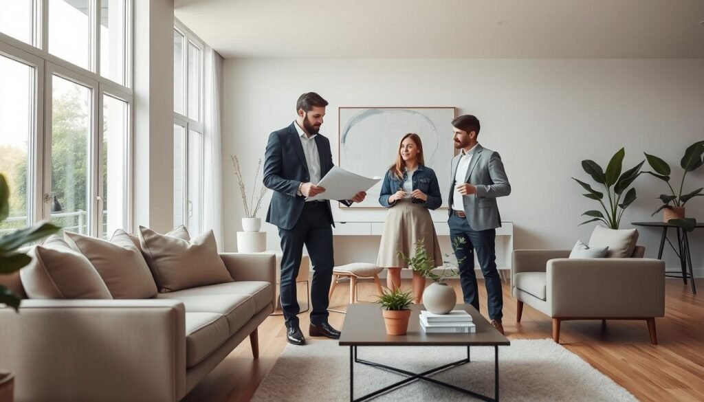 A modern minimalist home renovation scene showcasing a stylish, airy living room with large windows allowing natural light to flood the space. The foreground features a mid-century modern sofa adorned with neutral-colored cushions, adjacent to a sleek coffee table with decorative plants. In the middle, a professional designer in smart casual attire examines blueprints while discussing with a couple, who appear excited about their renovation project. The background reveals fresh white walls and contemporary decor, including a large abstract painting and indoor greenery that add life to the setting. Soft, diffused lighting creates a warm and inviting atmosphere, emphasizing the concept of minimalist design. The angle captures the interaction among the characters while maintaining focus on the elegant details of the renovated space.