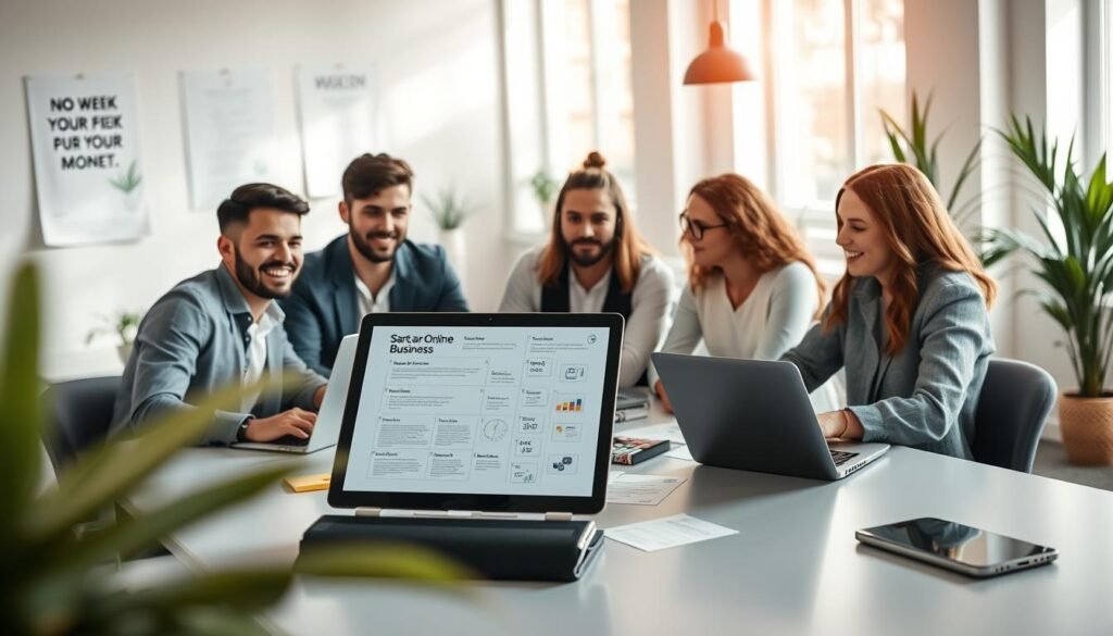 A modern workspace scene illustrating the steps to start an online business on a limited budget. In the foreground, a diverse group of three individuals—two men and one woman—are seated at a sleek desk, engaged in a brainstorming session with laptops open. They are dressed in smart casual clothing, radiating focus and collaboration. In the middle, a digital tablet displays a visual plan for an online business, surrounded by creative materials like sticky notes and charts. The background features a bright, minimalist office space with motivational posters and plants, filtered light streaming through large windows, creating an uplifting atmosphere. Use soft, natural lighting to enhance the inviting mood, with a slight depth of field to emphasize the characters and their activities.