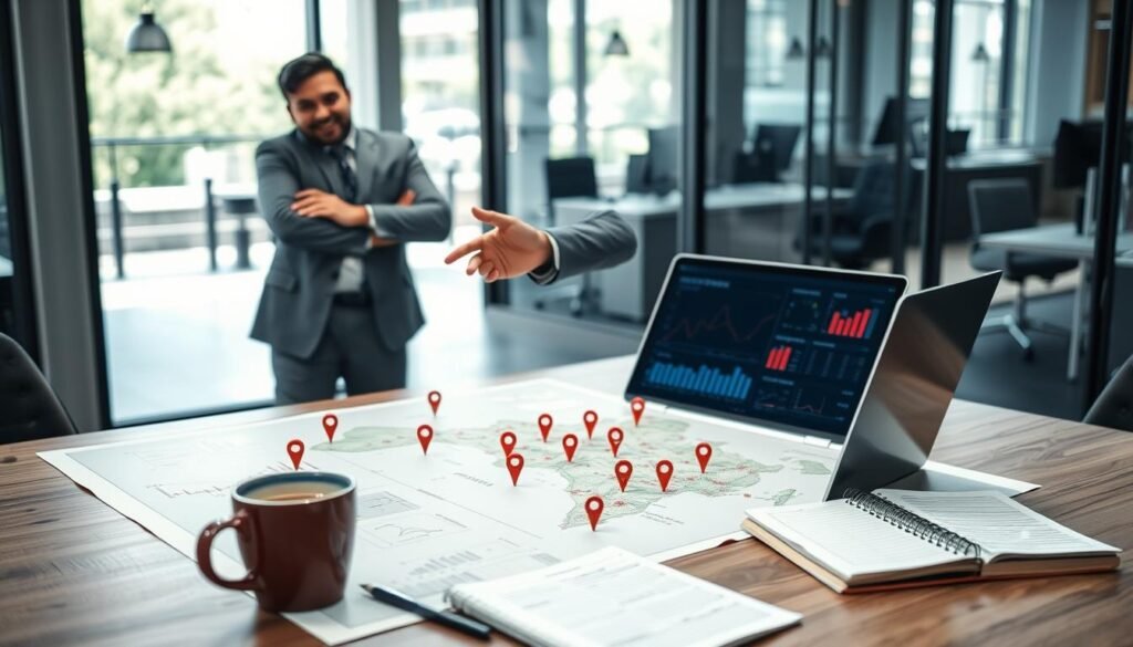 A professional-looking franchise consultant stands confidently in the foreground, pointing at a detailed map spread out on a table, showcasing various marked locations with bright pins indicating potential franchise spots. In the middle ground, a laptop displays sales data and graphs highlighting key performance indicators, accompanied by a coffee cup and a notepad filled with notes. The background features a modern office environment with glass walls, natural daylight streaming through, creating an inspiring atmosphere. The overall mood is focused and analytical, emphasizing strategic planning for maximum sales impact. The scene is well-lit, with soft shadows and a shallow depth of field, capturing a sense of urgency and professionalism, with no text or distractions in the image.