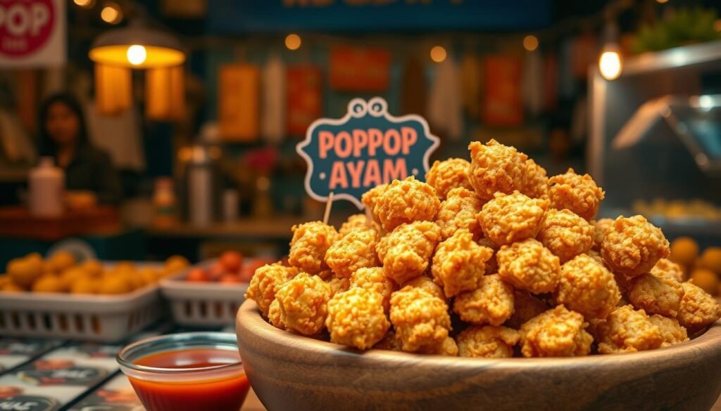 A vibrant and enticing display of Chicken Popop, featuring crispy fried chicken popcorn pieces piled high in a rustic wooden bowl. The foreground showcases the golden-brown popcorn chicken, glistening with a light seasoning, complemented by a side of dipping sauce in a small bowl. In the middle ground, a small decorative sign highlights "Popop Ayam." The background reveals a cozy food stall with warm, ambient lighting that creates an inviting atmosphere, hinting at a bustling street market. The scene captures the crispy texture and mouthwatering appeal of the dish, accentuated by a slight depth of field for a professional photography effect, evoking a sense of excitement and deliciousness perfect for a food lover's exploration.
