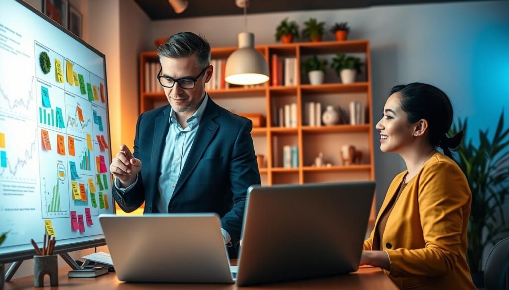 A visually engaging digital workspace scene depicting a diverse group of three professionals collaborating on online income strategies. In the foreground, a young woman of Asian descent, dressed in smart casual attire, intently analyzes data on a laptop. To her left, a middle-aged Caucasian man in a business suit gestures towards a whiteboard filled with colorful graphs and post-it notes, representing various online business ideas. In the background, a warm glow from soft overhead lighting highlights a modern office environment with shelves of books and plants, adding a feel of productivity and creativity. The atmosphere is vibrant yet focused, showcasing the excitement of developing online business strategies. The composition should convey teamwork, innovation, and the potential for growth in digital entrepreneurship.