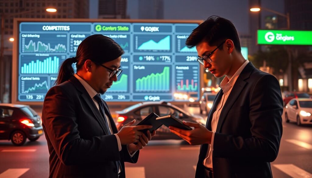 An analytical scene depicting game theory principles as they apply to the competition between Grab and Gojek. In the foreground, two professional business people, a man and a woman, are intensely analyzing data on a tablet, dressed in smart business attire. In the middle ground, a digital display board shows dynamic graphs and statistics about ride-sharing services, showcasing competition metrics. The background features a stylized cityscape with ride-sharing vehicles from both brands moving along busy streets. Warm, ambient lighting highlights the professionals’ focused expressions, while shadows add depth to the urban environment. The mood is contemplative and strategic, capturing the essence of competitive analysis in the tech-driven market. An analytical scene depicting game theory principles as they apply to the competition between Grab and Gojek. In the foreground, two professional business people, a man and a woman, are intensely analyzing data on a tablet, dressed in smart business attire. In the middle ground, a digital display board shows dynamic graphs and statistics about ride-sharing services, showcasing competition metrics. The background features a stylized cityscape with ride-sharing vehicles from both brands moving along busy streets. Warm, ambient lighting highlights the professionals’ focused expressions, while shadows add depth to the urban environment. The mood is contemplative and strategic, capturing the essence of competitive analysis in the tech-driven market.
